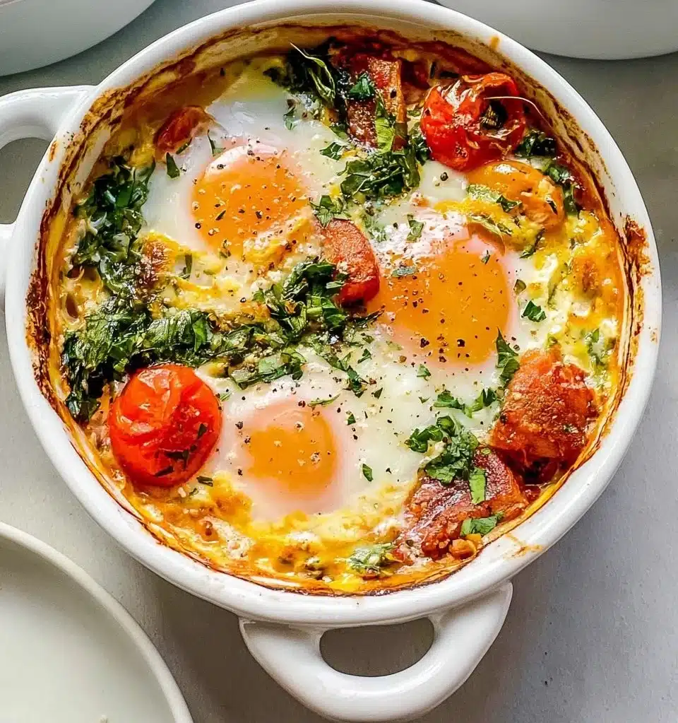 Delicious baked feta eggs served in a skillet with herbs and tomatoes.