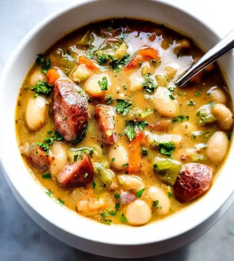 Delicious bean soup with sausage served in a bowl.