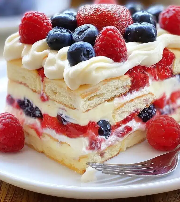 Delicious Berry Icebox Cake topped with fresh berries and whipped cream