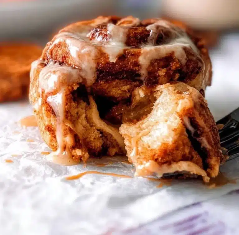 Freshly baked Biscoff cinnamon rolls topped with cream cheese icing