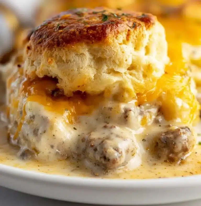 Delicious plate of biscuits and gravy with creamy sausage sauce