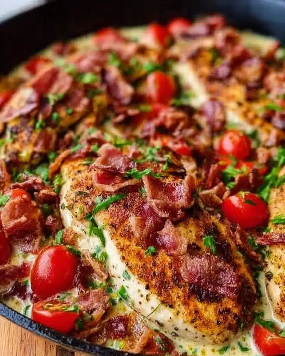 Tasty BLT Chicken with crispy bacon, fresh lettuce, and ripe tomatoes