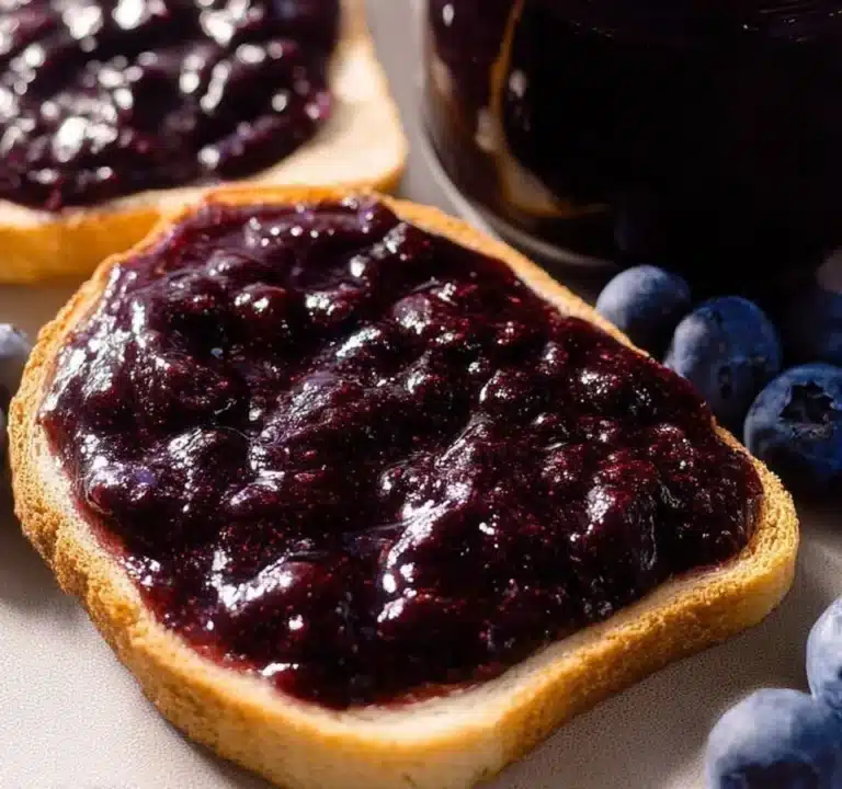Homemade blueberry butter spread on toasted bread with fresh blueberries on the side.