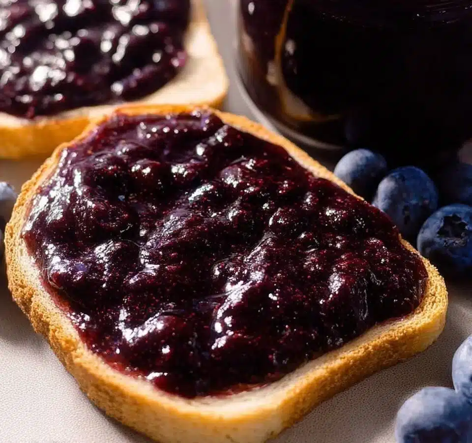 Homemade blueberry butter spread on toasted bread with fresh blueberries on the side.