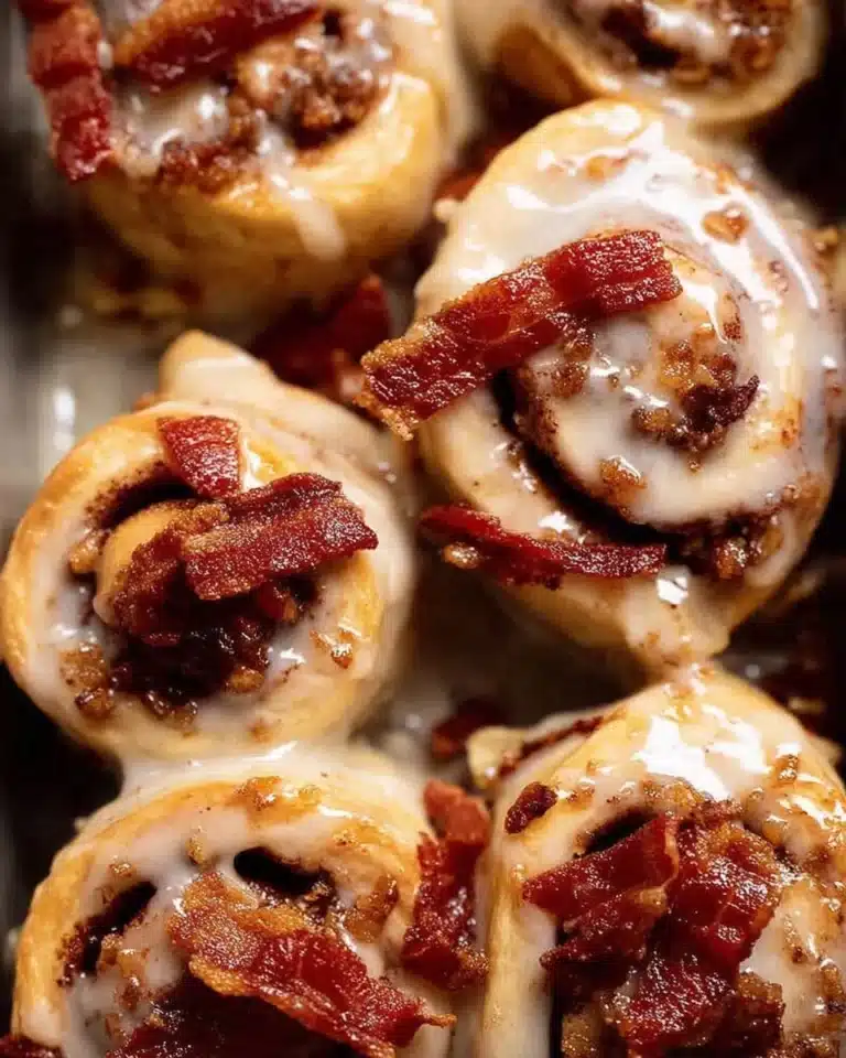 Delicious Bourbon Maple Bacon Cinnamon Rolls drizzled with maple glaze.