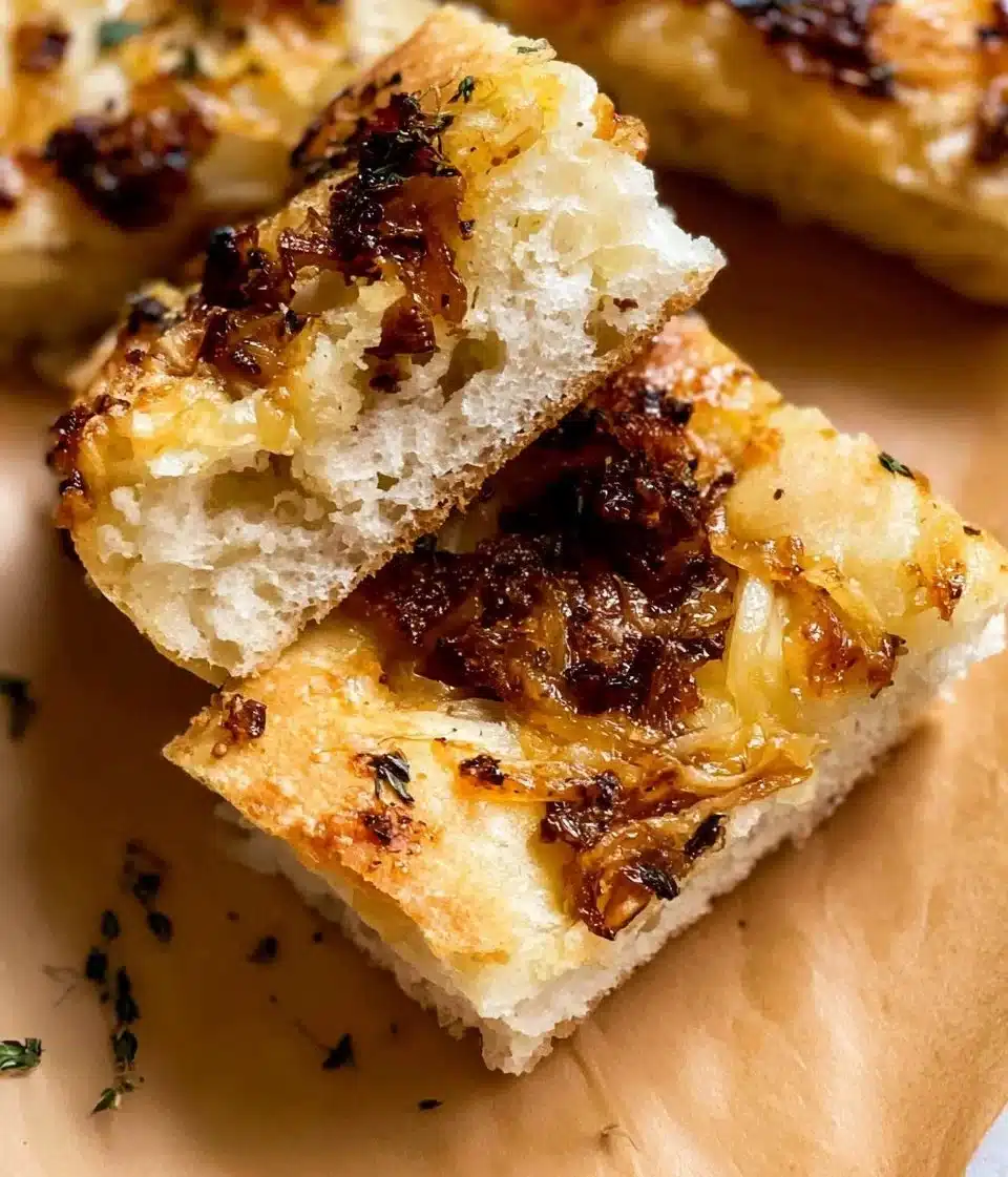 Freshly baked caramelized onion focaccia with golden onions and herbs