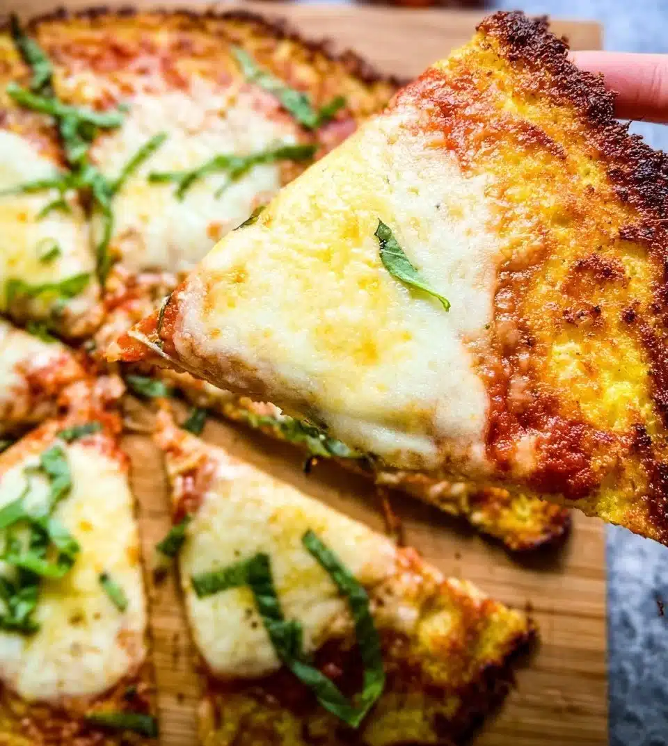 Cauliflower pizza crust topped with fresh ingredients and herbs