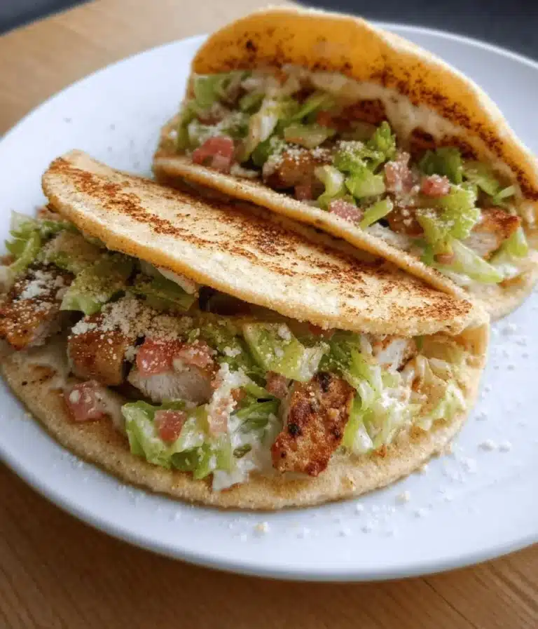 Delicious Chicken Caesar Tacos served with fresh ingredients and vibrant toppings.