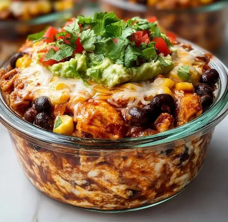 Healthy chicken enchilada bowl with cottage cheese and fresh toppings