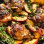 Delicious chicken with peaches dish garnished with fresh herbs on a plate.