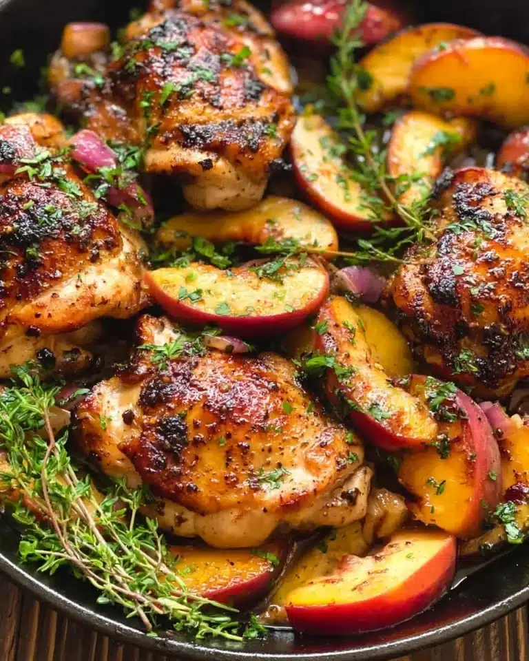 Delicious chicken with peaches dish garnished with fresh herbs on a plate.