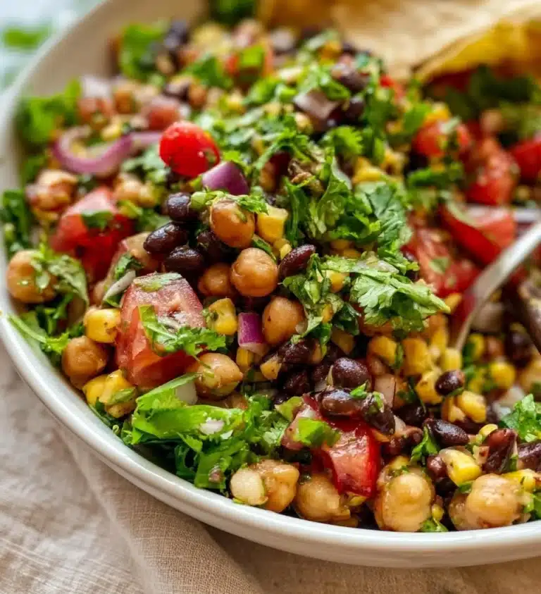Fresh Chickpea Black Bean Salad with colorful vegetables and dressing