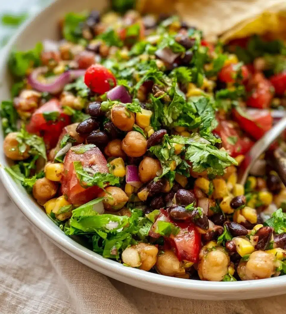 Fresh Chickpea Black Bean Salad with colorful vegetables and dressing