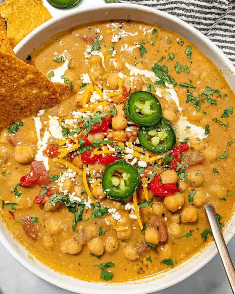 Delicious bowl of chickpea chili topped with herbs and spices.