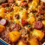 Delicious chili dog casserole topped with cheese and chili peppers