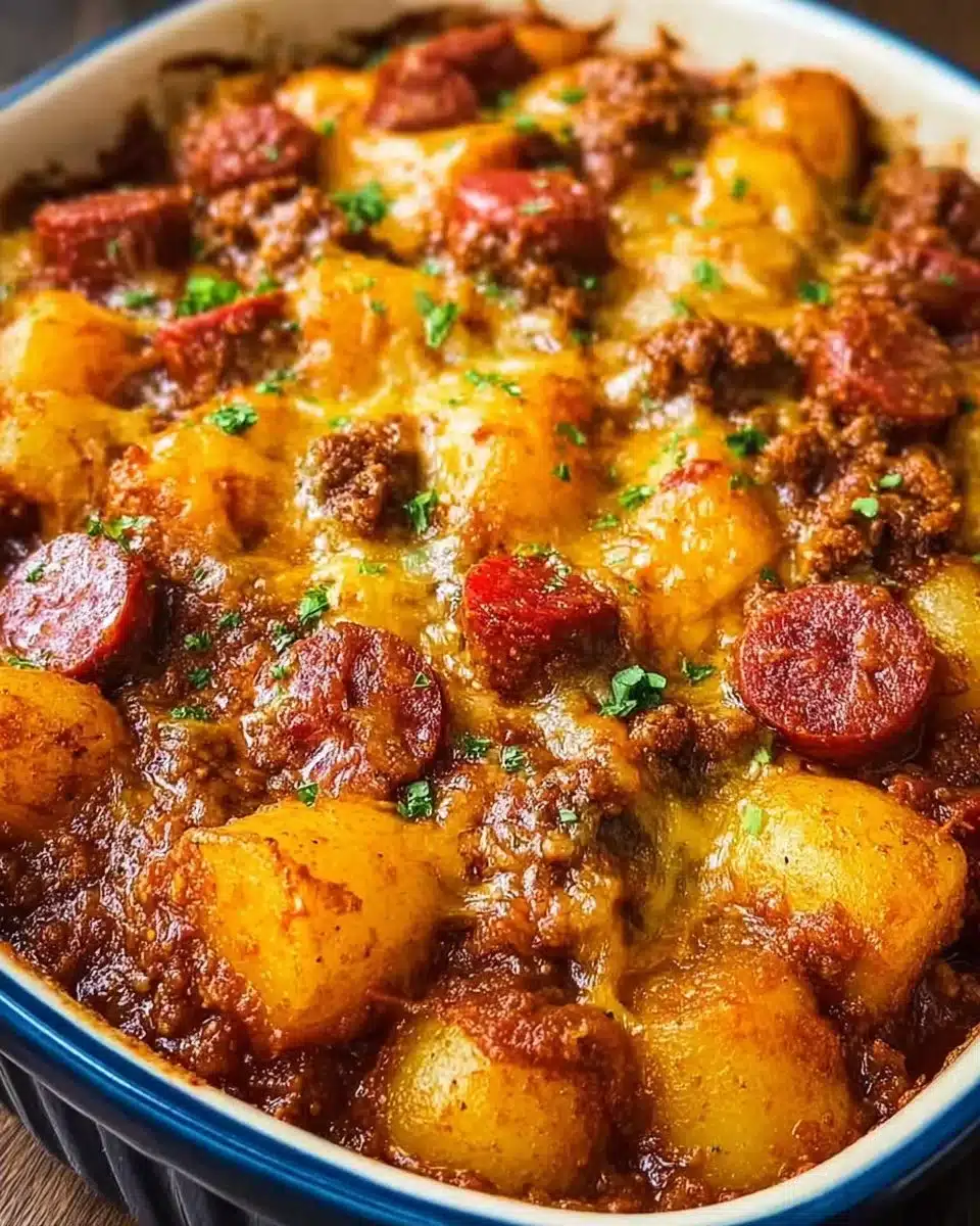 Delicious chili dog casserole topped with cheese and chili peppers