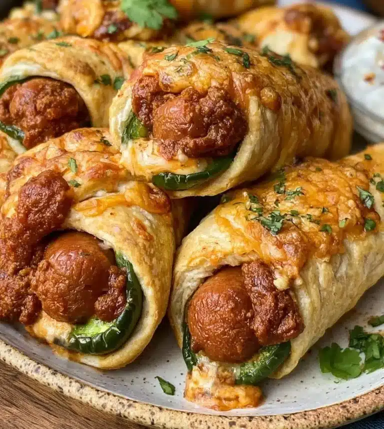 Chili dog poppers with jalapeños and toppings ready to serve.