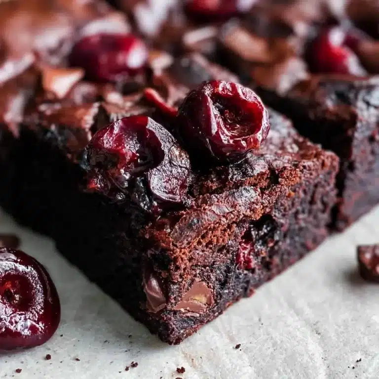 Delicious homemade Chocolate Cherry Brownies topped with cherries
