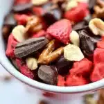 Delicious chocolate covered strawberry trail mix in a bowl