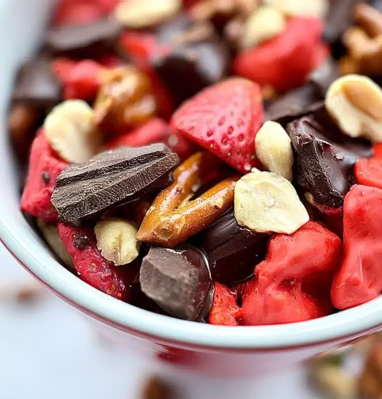 Delicious chocolate covered strawberry trail mix in a bowl