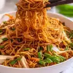 Plate of stir-fried Chow Mein noodles with vegetables and chicken