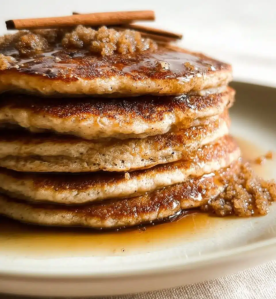 Fluffy cinnamon brown sugar pancakes stacked on a plate with syrup