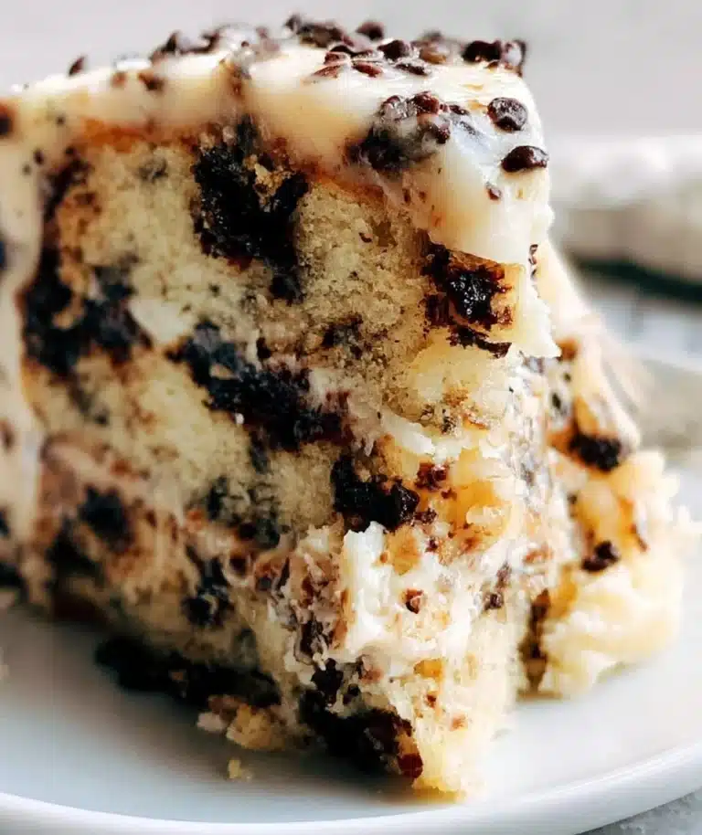 Delicious Cookie Dough Layer Cake with chocolate chips and frosting
