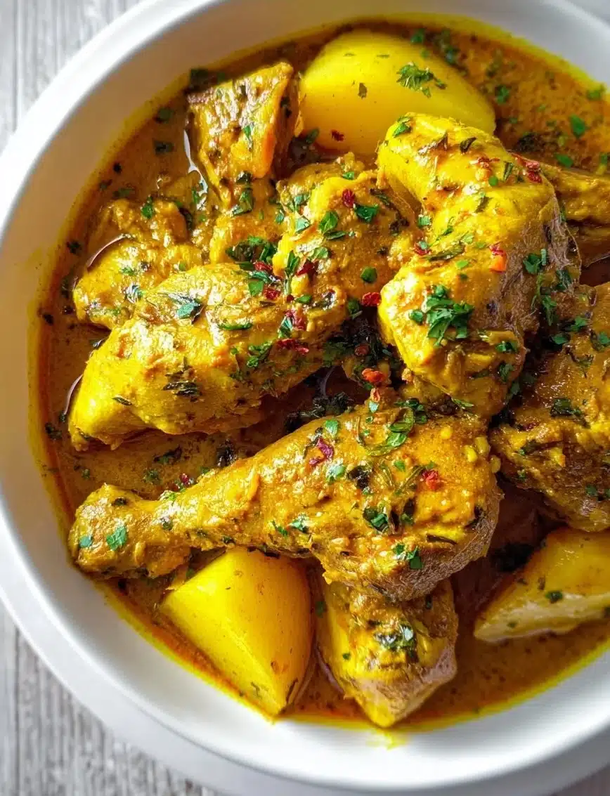 Delicious plate of homemade curry chicken served with rice.