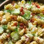 A delicious bowl of Dill Pickle Bacon Pasta Salad with herbs and spices.