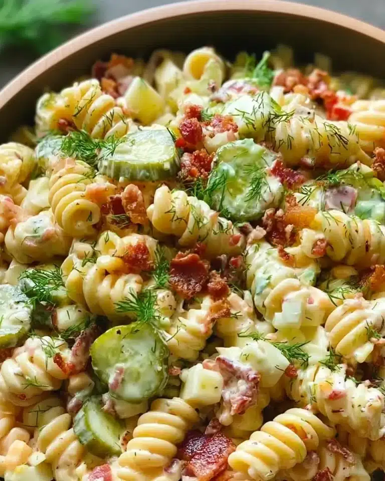 A delicious bowl of Dill Pickle Bacon Pasta Salad with herbs and spices.