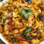 A plate of vibrant Drunken Noodles garnished with fresh vegetables.