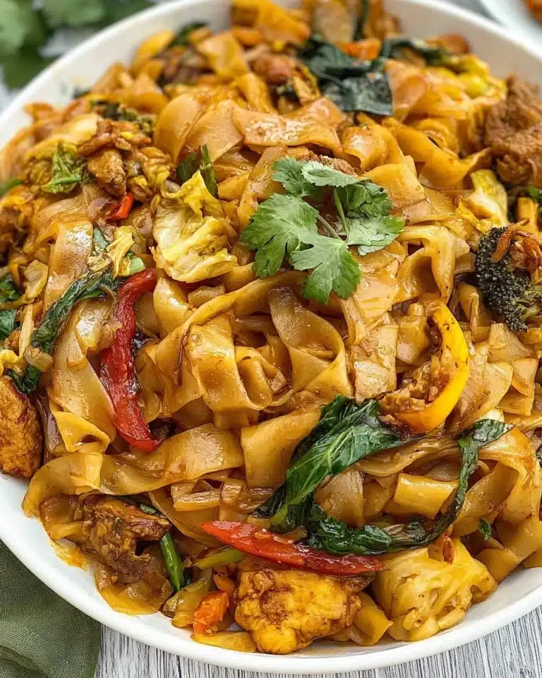 A plate of vibrant Drunken Noodles garnished with fresh vegetables.