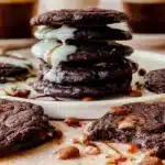 Espresso Martini Cookies topped with coffee beans and chocolate drizzle