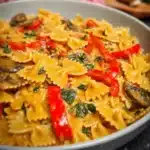 Delicious plate of fajita pasta with colorful vegetables and spices.