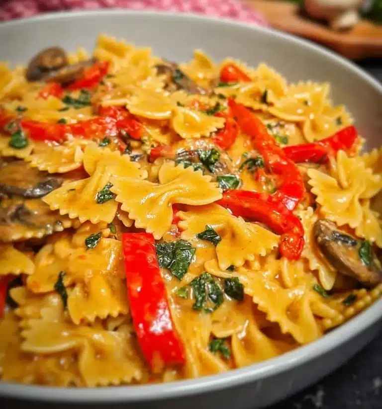 Delicious plate of fajita pasta with colorful vegetables and spices.