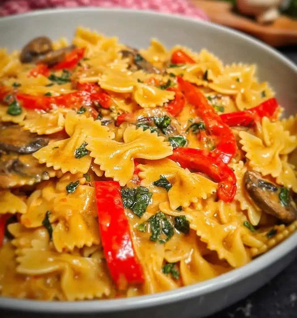 Delicious plate of fajita pasta with colorful vegetables and spices.