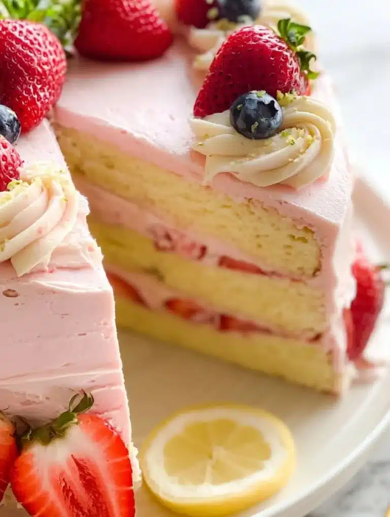 Delicious fruit layer cake with strawberry buttercream frosting and fresh fruits