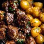 Delicious Garlic Butter Beef Bites with Potatoes served on a plate