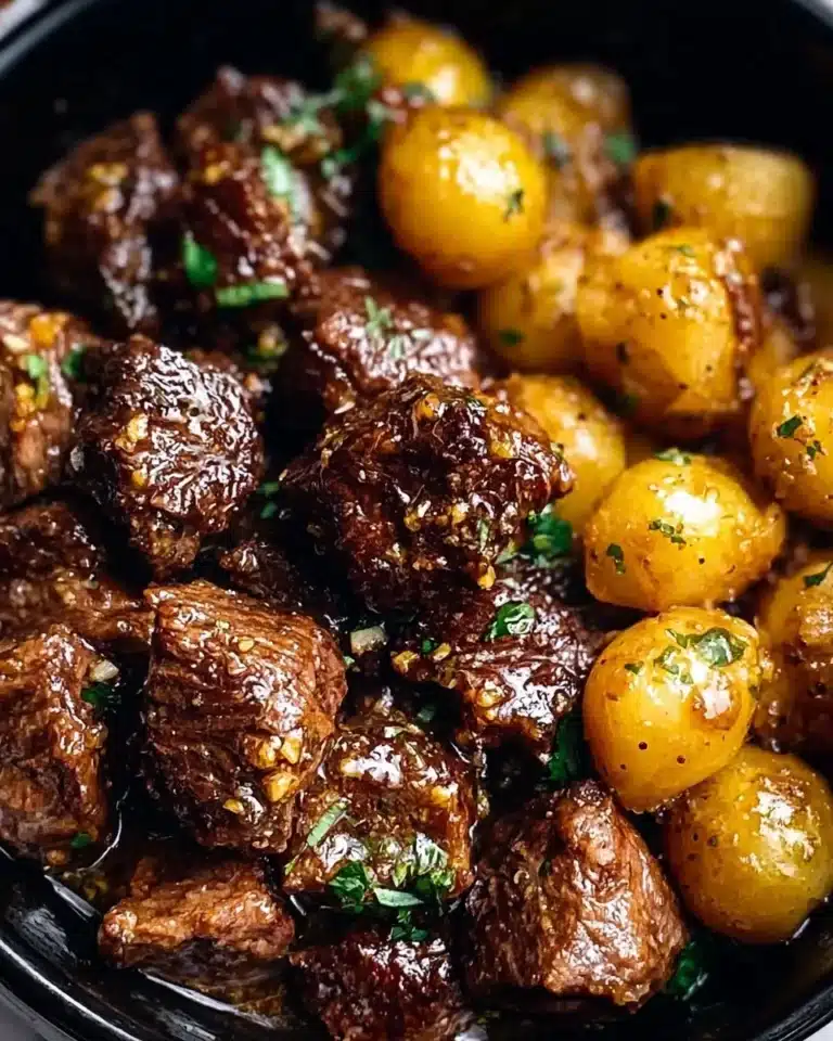Delicious Garlic Butter Beef Bites with Potatoes served on a plate