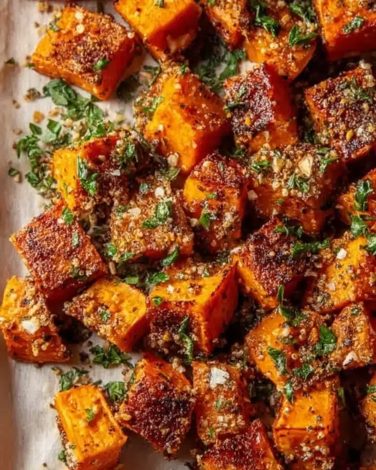 Delicious Garlic Parmesan Sweet Potatoes with crisp edges and cheesy flavor