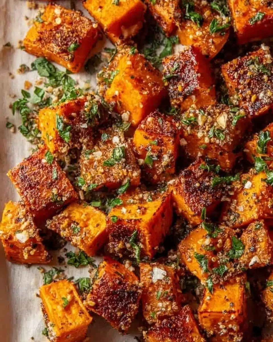 Delicious Garlic Parmesan Sweet Potatoes with crisp edges and cheesy flavor