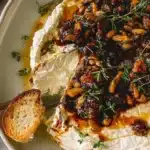 Delicious goat cheese platter with fresh herbs and fruits