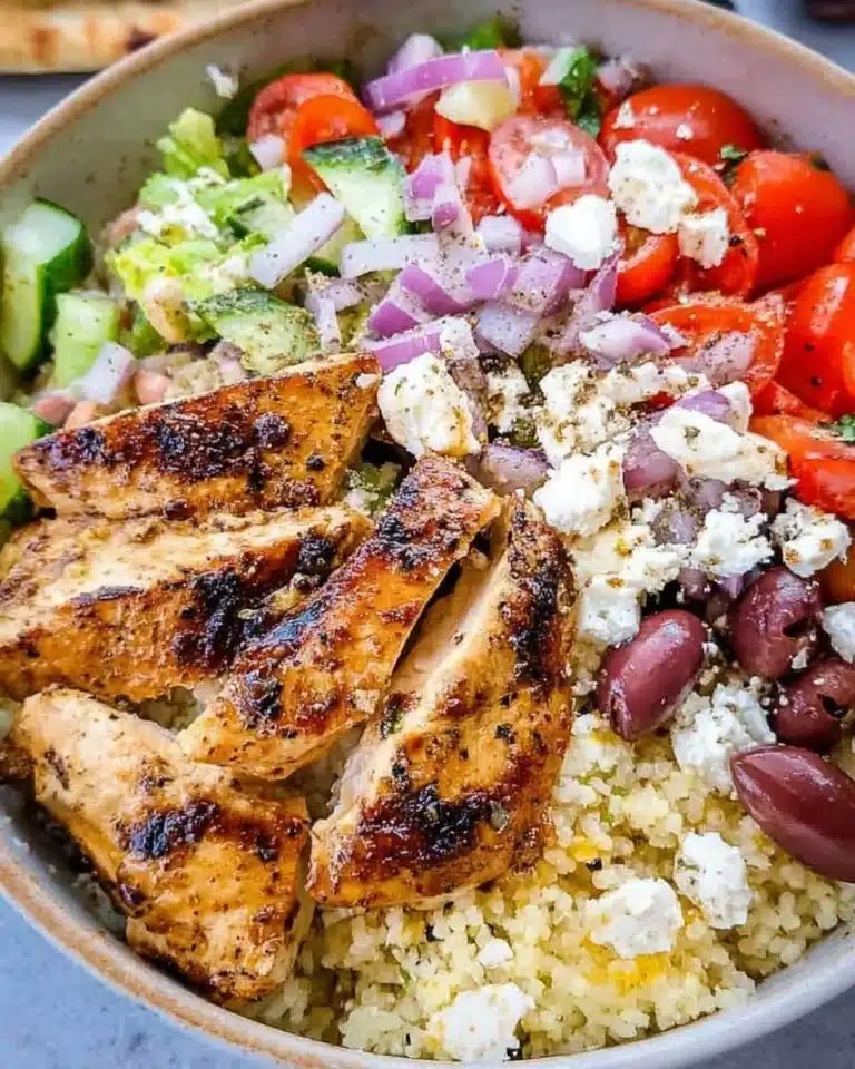 Delicious Greek Chicken Bowl with fresh veggies and zesty dressing