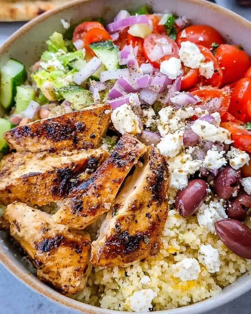 Delicious Greek Chicken Bowl with fresh veggies and zesty dressing