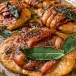 Delicious Italian Sage Chicken Saltimbocca served on a plate with aromatic herbs.