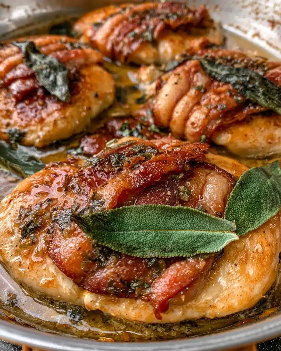 Delicious Italian Sage Chicken Saltimbocca served on a plate with aromatic herbs.