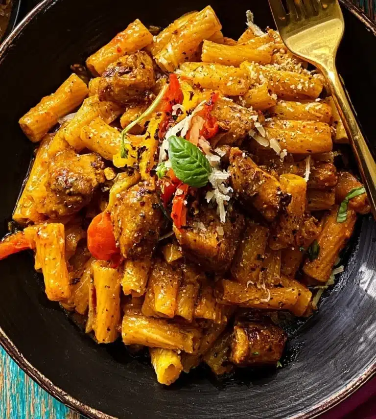 Delicious jerk chicken rasta pasta topped with fresh herbs and spices