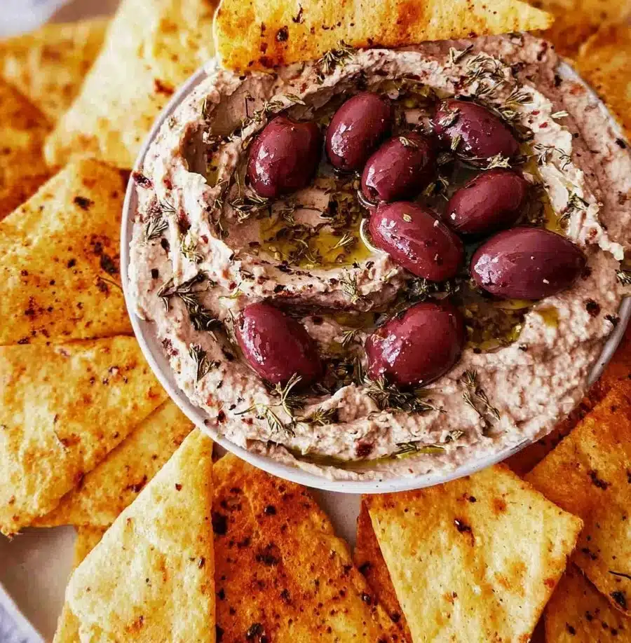 Homemade Kalamata Olive Dip served with pita and veggies.