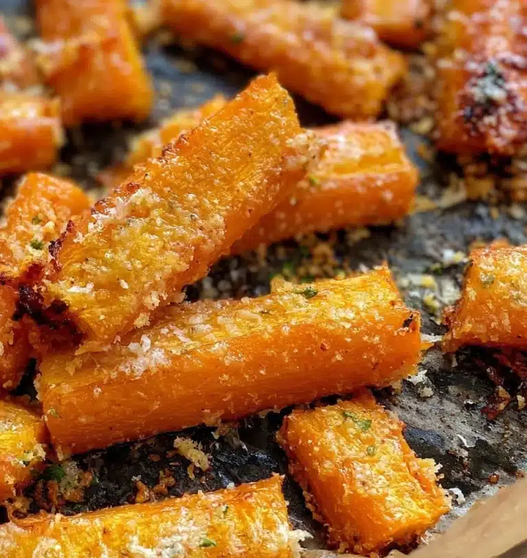 Roasted Parmesan carrots topped with cheese and herbs in a serving dish