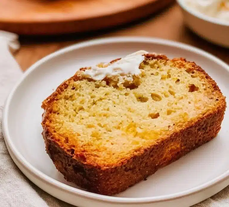 Homemade peach bread sliced and served on a rustic wooden table.